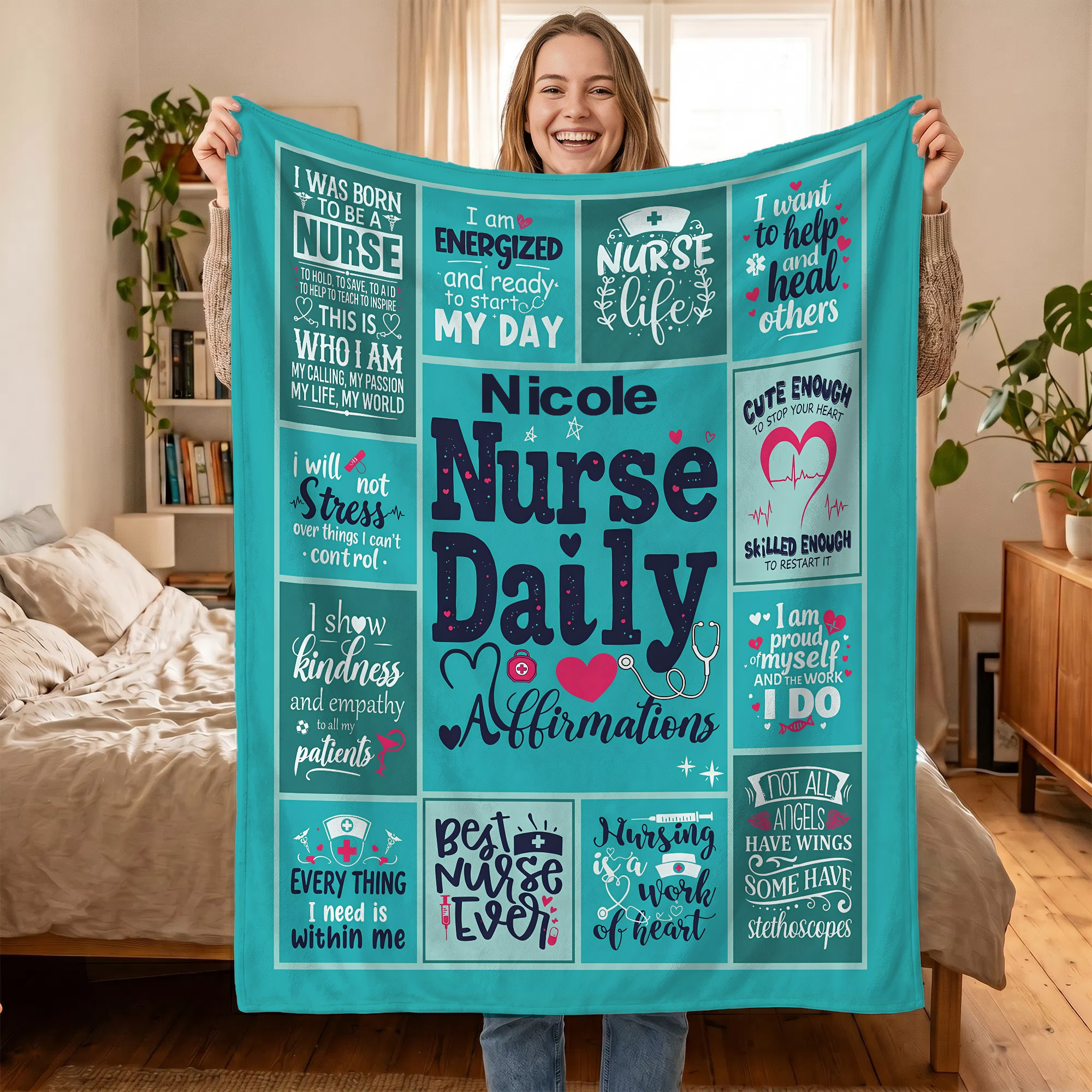 Personalisierte, weiche Tagesdecke für Pflegekräfte mit Namen – Wohnaccessoire, Dankeschön-Geschenk zum Jubiläum für Pflegekräfte und Mitarbeiter im Gesundheitswesen