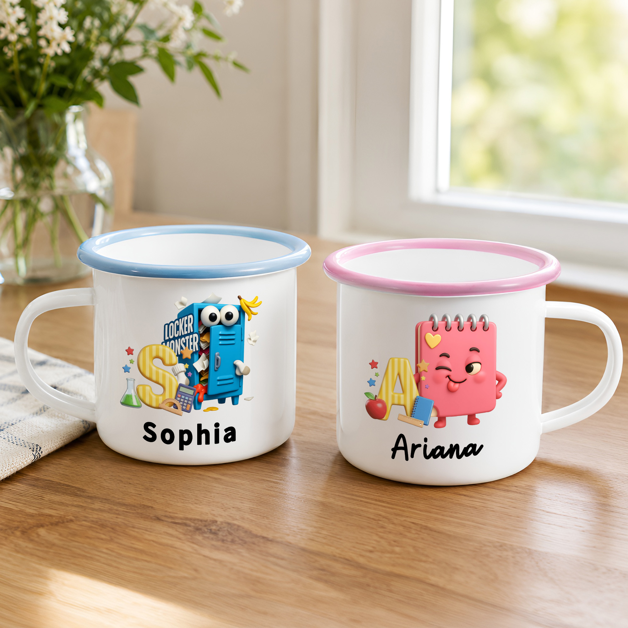 Personalisierte Emaille-Tasse (12 oz) mit Initialen im Cartoon-Schuldesign und Namen – für den täglichen Gebrauch, als Geschenk zum Schulanfang oder Geburtstag für Kinder und Schüler