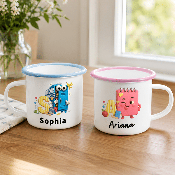 Personalized Cartoon School Theme Initial 12 oz Enamel Mug with Name Daily Use Back to School Birthday Gift for Kids Students