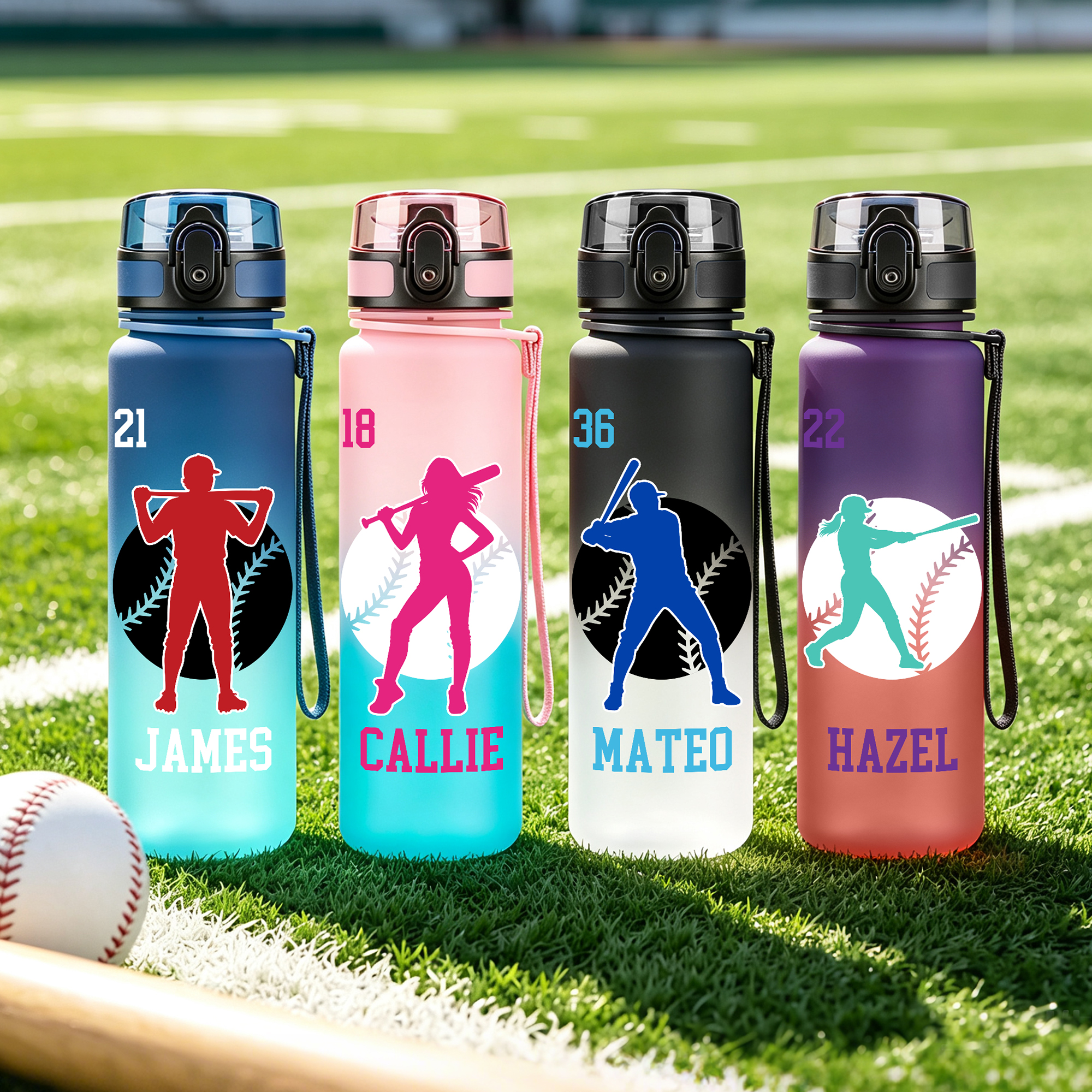 Personalisierte Wasserflasche mit Baseballspieler-Silhouette, Farbverlauf und mattiertem Design, mit Namen und Klappdeckel – als Geschenk für das tägliche Training oder den Spieltag für Baseballspiele