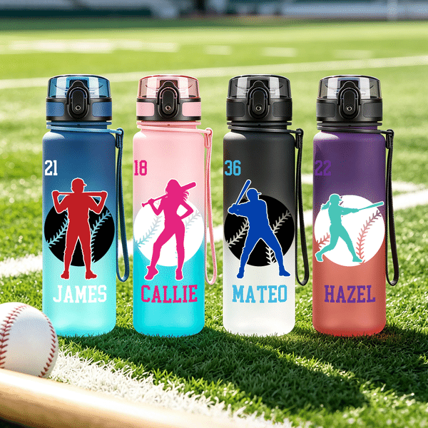Personalised Baseball Player Silhouette Gradient Frosted Water Bottle with Name and Flip Top Lid Daily Training Game Day Gift for Baseball Player