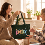 Personalized Heart Flower Oil Painting Style Name Large Corduroy Tote Bag Daily Use Birthday Gift for Women Girls