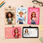 Portatessera personalizzato con foto, in stile 3D multicolore, con personaggi dei cartoni animati e testo sul retro – Regalo per il rientro a scuola e per la Festa degli insegnanti