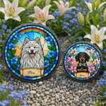 Pierre de jardin personnalisée en forme de cœur avec photo de votre animal de compagnie, motif floral de style vitrail et inscription – Décoration de jardin, cadeau commémoratif pour les propriétaires