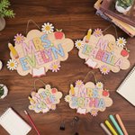 Personalised Pencil Apple Daisy Cloud Wooden Door Sign with Title & Surname Back to School Birthday Gift for Teacher