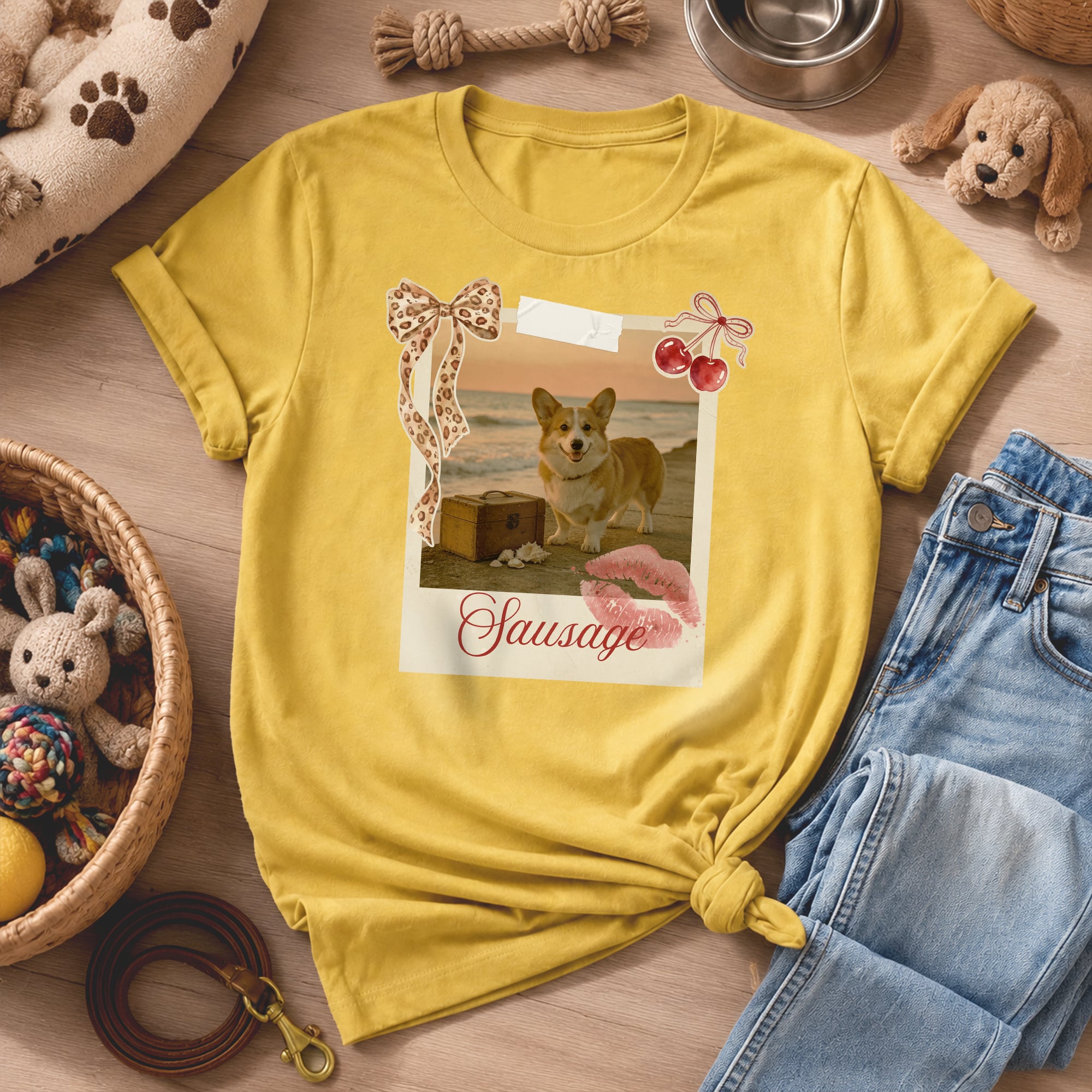 Individuell gestaltetes T-Shirt, Sweatshirt oder Kapuzenpullover im Vintage-Stil mit Leopardenmuster, Schleife und Haustierfoto sowie Namen – Alltagskleidung und Geburtstagsgeschenk für Haustierbesitz