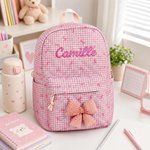 Personalized Bow Grid Pattern School Backpack Lunch Bag Storage Bag Set with Embroidered Name Back to School Birthday Gift for Girls