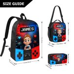 Personalised Cartoon Kid Character Bold Neon Gamepad Backpack Lunch Bag Pencil Case Set with Name Back to School Birthday Gift for Student