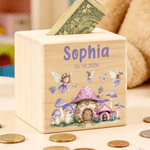 Personalized Mushroom Fairy Cartoon Animal Wooden Money Box Piggy Bank with Name and Date Birthday Anniversary Gift for Kids