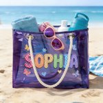 Sac fourre-tout transparent holographique personnalisé, style peinture à l'huile, avec prénom : cadeau idéal pour une fête à la plage, un voyage, les vacances ou un anniversaire, à offrir à des amis