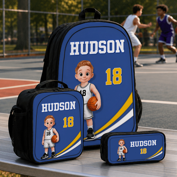 Personalized Cartoon Basketball Player Backpack Lunch Bag Pencil Case with Name and Number Back to School Gift for Kids Basketball Players Lovers