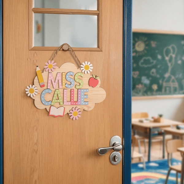Personalised Pencil Apple Daisy Cloud Wooden Door Sign with Title & Surname Back to School Birthday Gift for Teacher