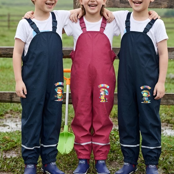 Personalised Cartoon Animal Mud Proof Kids Rain Bib Pants with Name and Adjustable Shoulder Strap Outdoor Use Back to School Gift for Kid Student