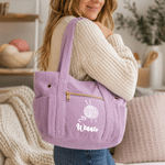 Personalised Crocheted Theme Design Large Corduroy Tote Bag with Name Daily Use Birthday Gift for Crochet Enthusiast Woman