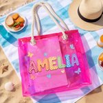 Sac fourre-tout transparent holographique personnalisé, style peinture à l'huile, avec prénom : cadeau idéal pour une fête à la plage, un voyage, les vacances ou un anniversaire, à offrir à des amis