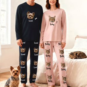 Personalised Pet Face Photo Fun Pattern Soft Long-Sleeve Lounge Pyjama Set with Name Home Wear Birthday Gift for Pet Lovers Owners