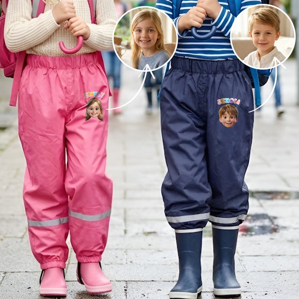 Personalised Pixar Cartoon Style Photo Rain Pants Lined Muddy Puddle Pants with Name Outdoor Hiking Back to School Gift for Kids Boys Girls