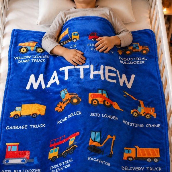 Personalised Construction Truck Blanket with Name – Soft Anti-Pilling Fleece Toddler Throw Gift for Kids