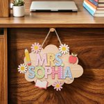 Personalised Pencil Apple Daisy Cloud Wooden Door Sign with Title & Surname Back to School Birthday Gift for Teacher