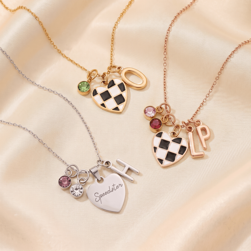 Personalised Birthstone Unique Heart Checkered Flag Racing Necklace with Initial Dainty Jewellery Car Race Birthday Gift for Women Racers Racing Lovers 3