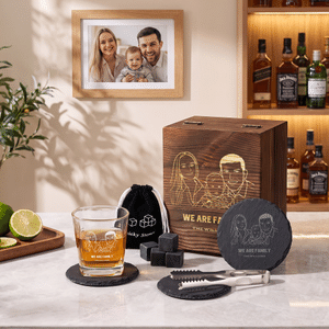 Personalised Simple Line Drawing Style Photo Whisky Glass 4 Stones Wooden Box Set with Text Valentine's Day Birthday Anniversary Gift for Men