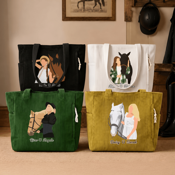 Personalized Rider and Horse Photo Large Capacity Corduroy Tote Bag with Names Daily Use Travel Birthday Gift for Horse Lovers Friends