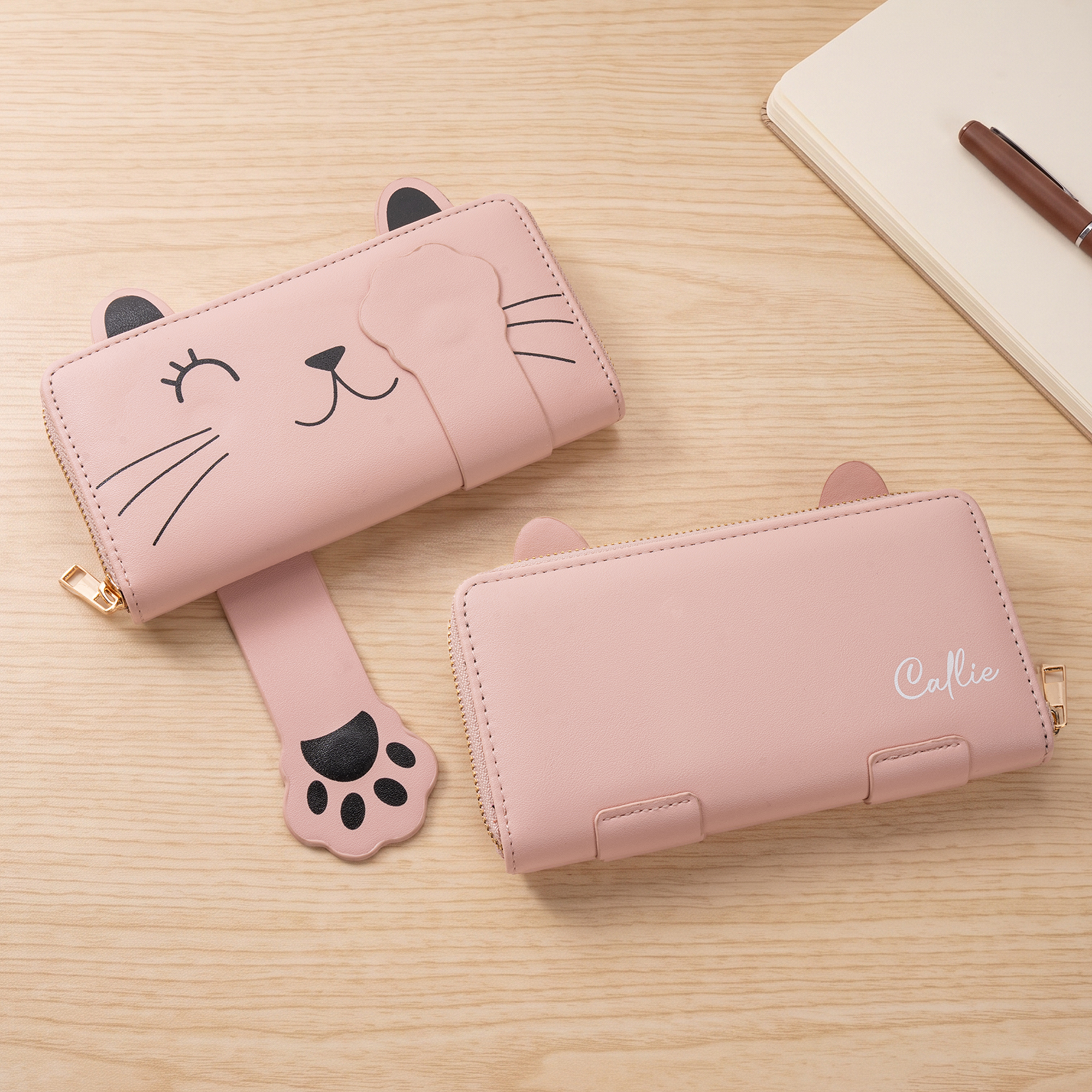 Personalisierte niedliche Katze Pfote magnetische Multi-Compartment PU Reißverschluss Brieftasche mit Namen täglichen Gebrauch Geburtstag Geschenk für Katzenliebhaber Mädchen