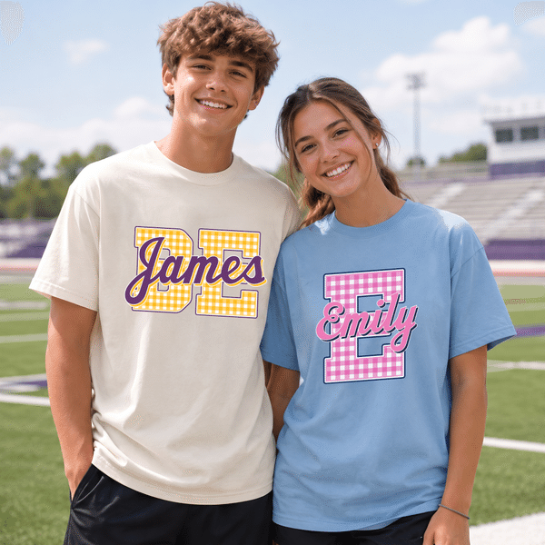 Personalized Multicolour Checkered Letter 100% Cotton Unisex T‑shirt with Name Daily Wear Birthday Game Day Gift for Students Friends Family