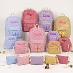Personalized Bow Grid Pattern School Backpack Lunch Bag Storage Bag Set with Embroidered Name Back to School Birthday Gift for Girls