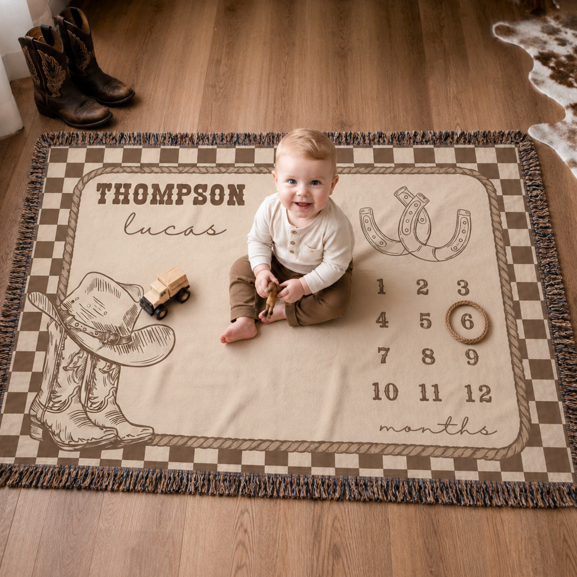 Personalisierte Western-Cowboystiefel und -Hut – karierte Babydecke im Plaid-Stil mit Namen und Quasten – Deko für das Kinderzimmer – Geburtstagsgeschenk für Babys und Neugeborene