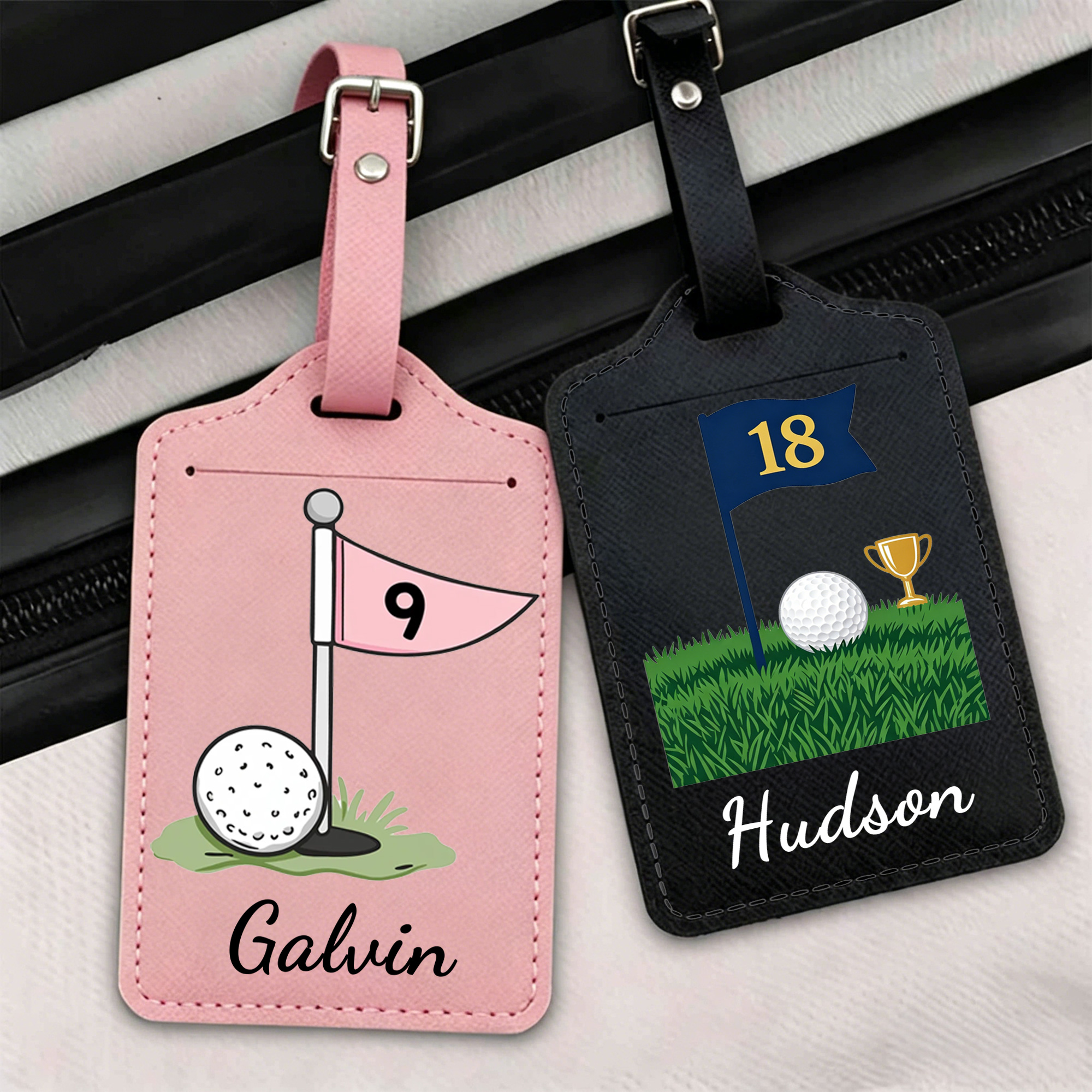 Personalisierter Kofferanhänger aus PU-Leder mit Golf-Flagge und Namen – Reisezubehör, Geburtstagsgeschenk, Reise- und Golfturnier-Auszeichnung für Golfbegeisterte und Spieler
