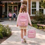 Personalized Bow Grid Pattern School Backpack Lunch Bag Storage Bag Set with Embroidered Name Back to School Birthday Gift for Girls