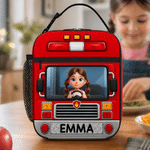 Personalized 3D-Effect Artwork Photo Vehicle Design Insulated Kids Lunch Bag with Name Back to School Birthday Gift for Kids Boys Girls
