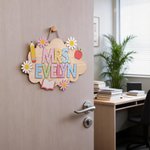 Personalised Pencil Apple Daisy Cloud Wooden Door Sign with Title & Surname Back to School Birthday Gift for Teacher