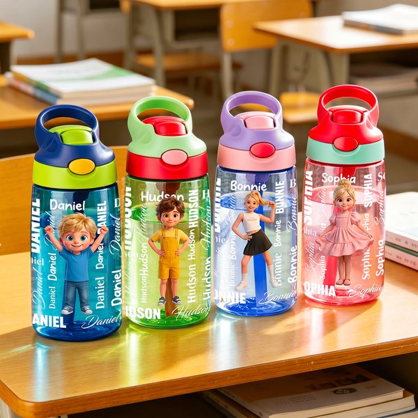 Personalized Cartoon Character BPA-Free 16 oz Transparent Water Bottle with Straw and Name Back to School Gift for Kids