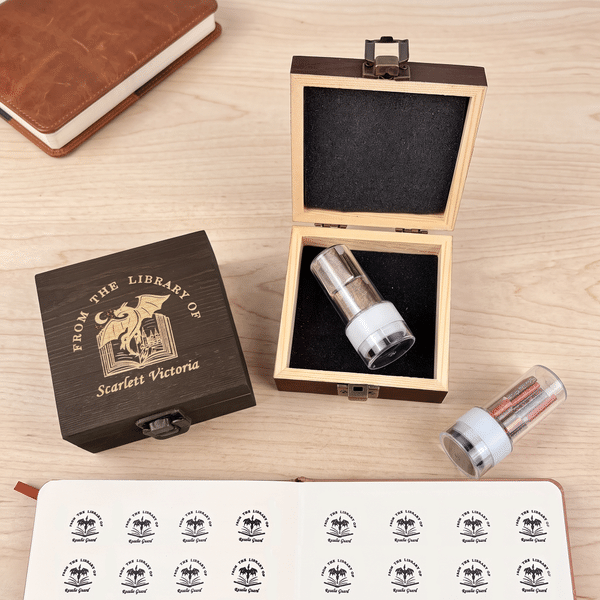 Personalised Dragon Silhouette Book Stamp with Ink and Wooden Box Birthday Library Bookish Gift for Librarian Book Lover