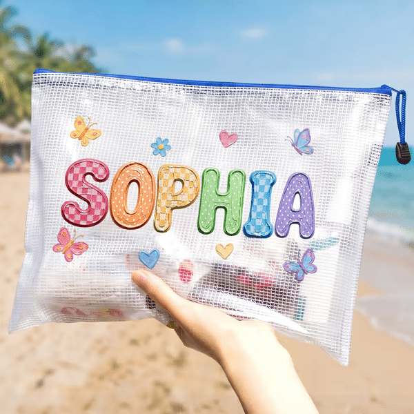 Personalized Butterfly Heart Pattern Oil Painting Style Waterproof Zipper Beach Bag with Name Beach Party Birthday Gift for Kids Women