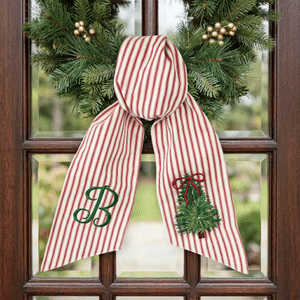 Personalised Embroidery Wreath Christmas Tree Red Ticking Stripe Sash with Initial Home Decor Housewarming Family Gift for Mum Gran Housewife