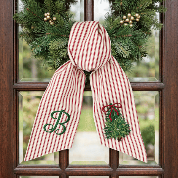 Personalized Embroidery Wreath Christmas Tree Red Ticking Stripe Sash with Initial Home Decor Housewarming Family Gift for Mom Grandma Housewife