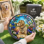 Pierre de jardin personnalisée en forme de cœur avec photo de votre animal de compagnie, motif floral de style vitrail et inscription – Décoration de jardin, cadeau commémoratif pour les propriétaires