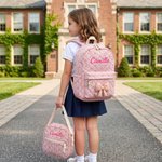 Personalized Bow Grid Pattern School Backpack Lunch Bag Storage Bag Set with Embroidered Name Back to School Birthday Gift for Girls