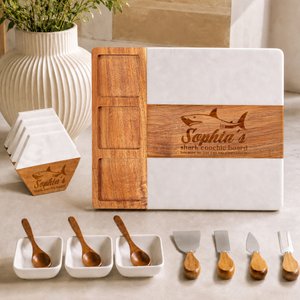 Personalised Shark Acacia Marble 11 Pcs Chopping Board Coaster Set with Name Kitchen Use Housewarming Birthday Gift for Family Friends