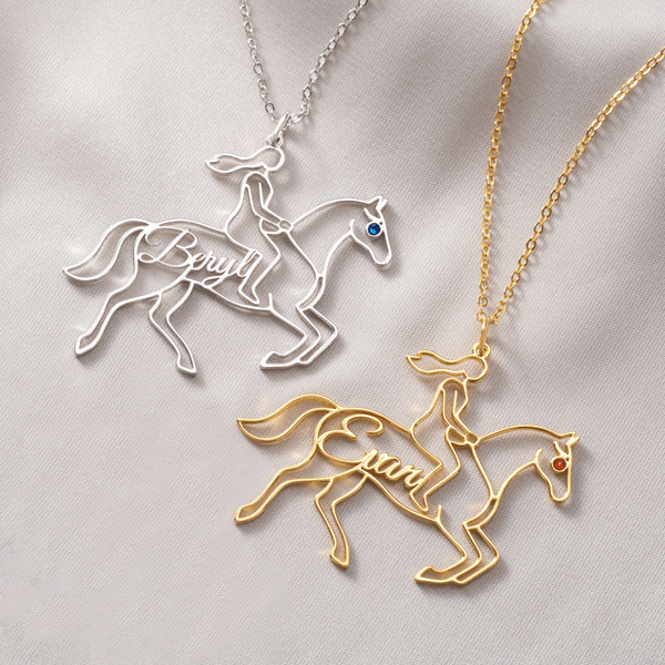 Personalised Elegant Horse Silhouette Birthstone Necklace With Name Horse Show Competition Birthday Gift for Women Equestrians