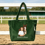 Personalised Rider and Horse Photo Large Capacity Corduroy Tote Bag with Names Daily Use Travel Birthday Gift for Horse Lovers Friends