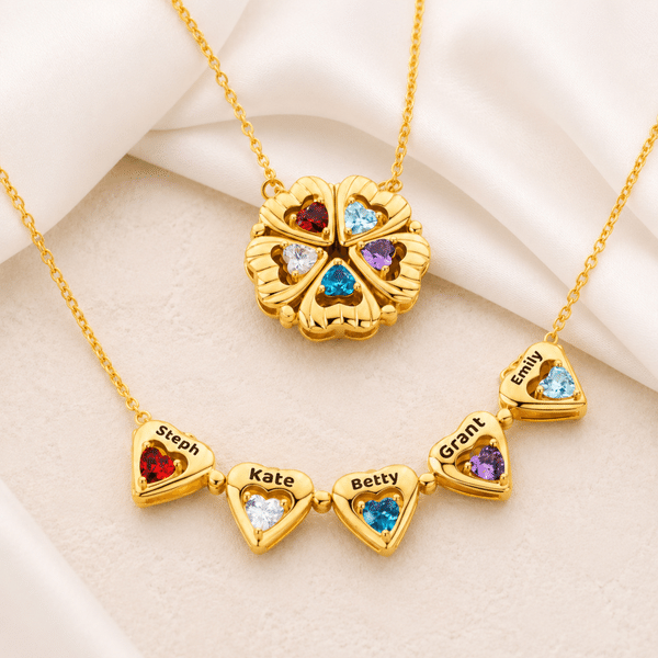 Collier personnalisé « Cœur de fleurs à pétales magnétiques » avec pierre de naissance et nom gravé – Cadeau raffiné pour un anniversaire de mariage ou la Fête des Mères, pour maman ou grand-maman
