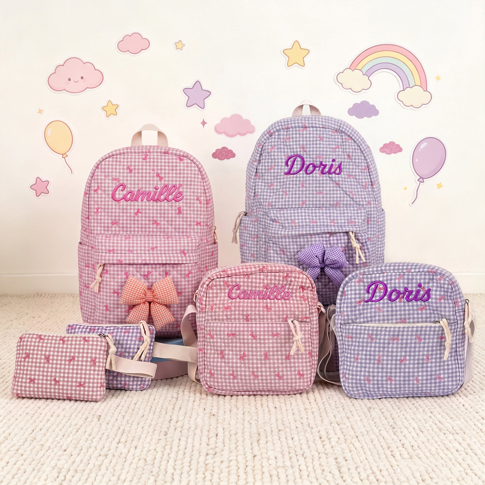 Individuell gestaltetes Schulrucksack-Set mit Rastermuster aus Schleifen, bestehend aus Schulrucksack, Brotdose und Aufbewahrungstasche mit gesticktem Namen – Schulanfangs- und Geburtstagsgeschenk für