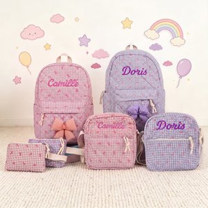 Personalised Bow Grid Pattern School Backpack Lunch Bag Storage Bag Set with Embroidered Name Back to School Birthday Gift for Girls