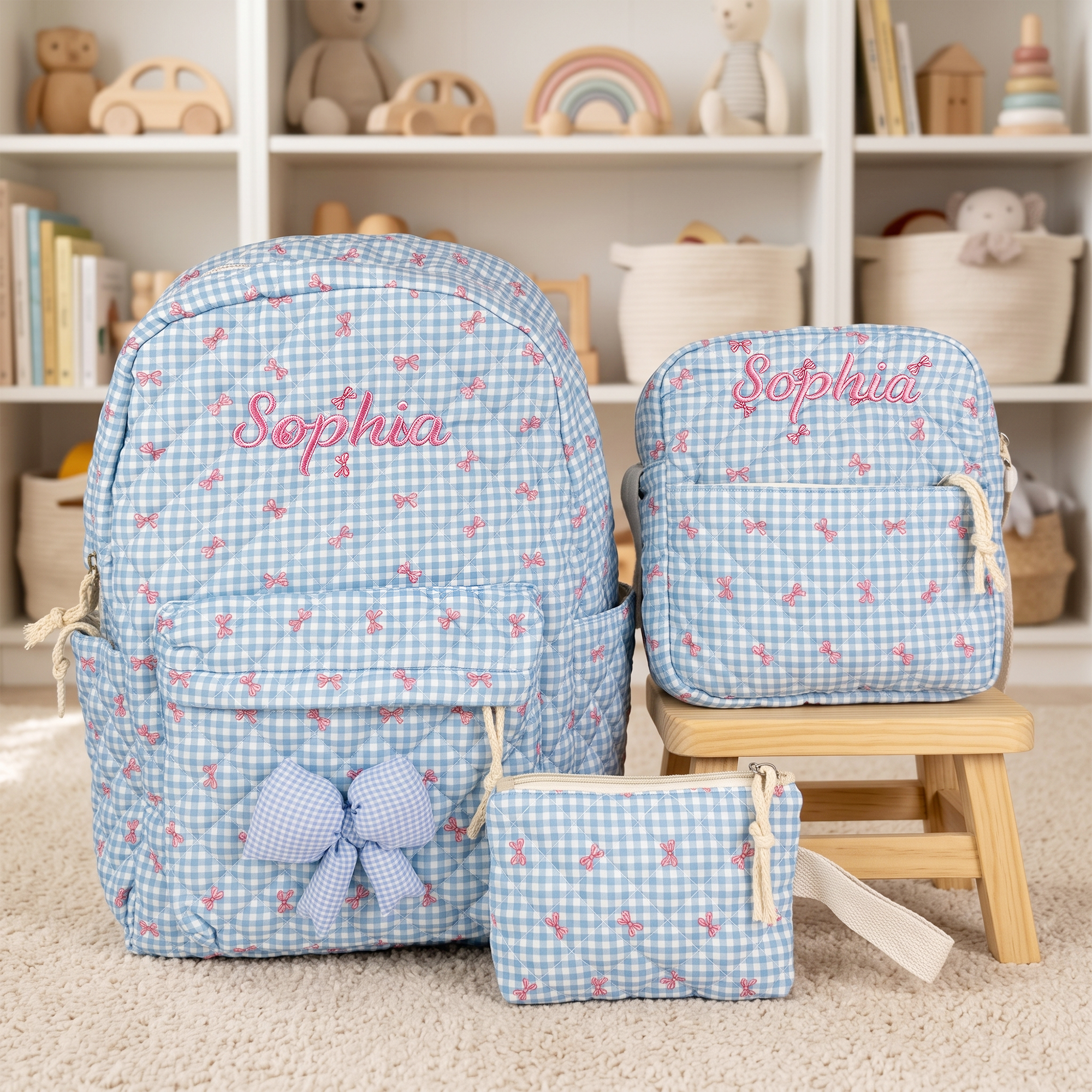Individuell gestalteter Schulrucksack mit Schleifenmuster, Lunch-Tasche und Aufbewahrungstasche – 3-teiliges Set mit gesticktem Namen – Geschenk zum Schulanfang oder Geburtstag für Mädchen