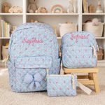 Personalized Bow Grid Pattern School Backpack Lunch Bag Storage Bag Set with Embroidered Name Back to School Birthday Gift for Girls