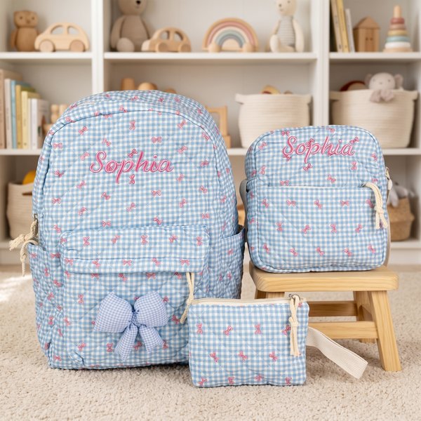 Personalized Bow-knot Grid Pattern School Backpack Lunch Bag Storage Bag 3-piece Set with Embroidered Name Back to School Birthday Gift for Girls